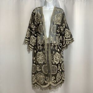 Sheer Black Cover-Up with Cream Gold Metallic Floral Embroidery Women’s Size OS